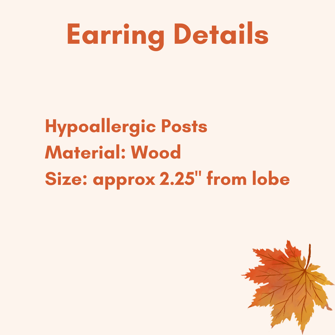 Earring details text with a leaf on a white background